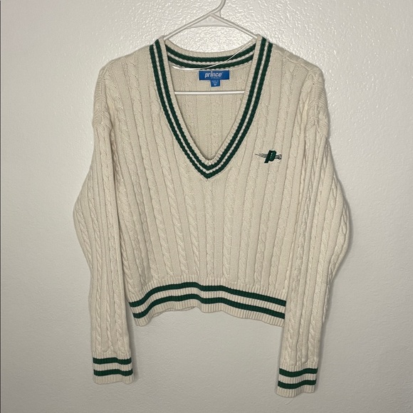 Prince Pickleball Cable Knit Pullover Sweater – Size M, Ivory & Green - Picture 1 of 6